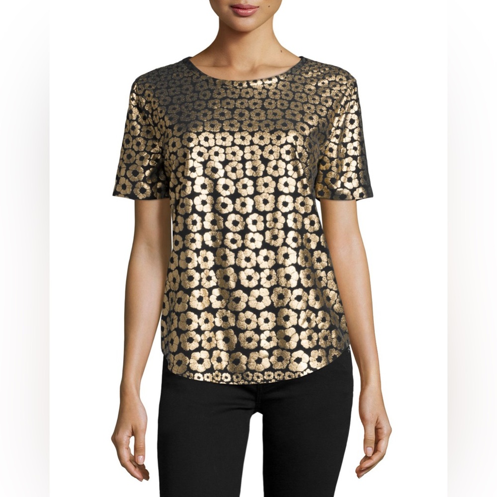 Equipment Silk Metallic Foil Floral Print Riley Short Sleeve Top Black Gold XS